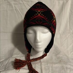 100% Merino Wool Pendleton Black and Red Geometric Earflap Hat